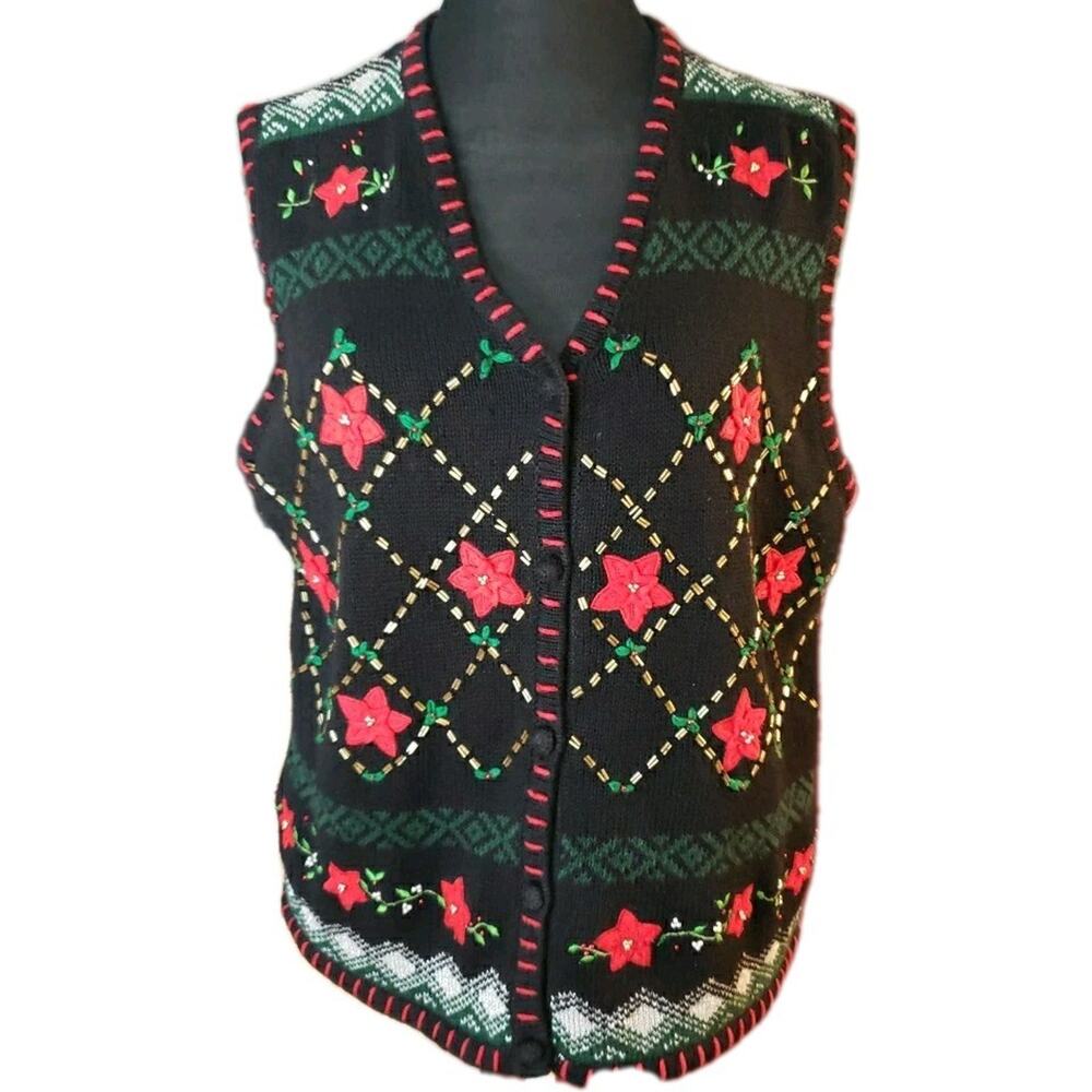Vintage Designer Originals Studio L Women‎ Christmas Vest Poinsettia Embroidered